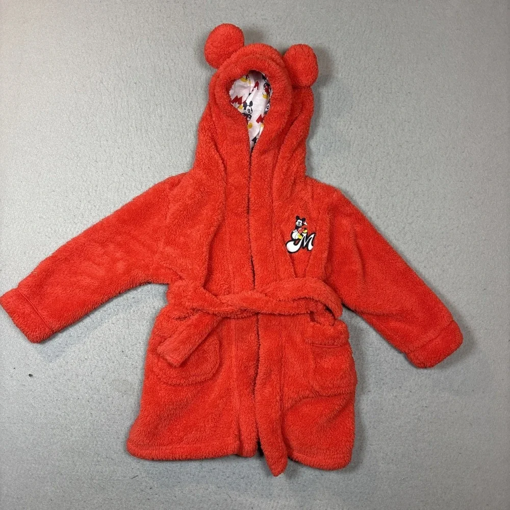 Disney Mickey Mouse Bathrobe Kids Size 4 Red Embroidered Logo EUC